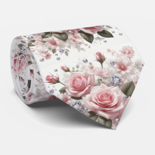 Luxury Wedding Neck Tie   Pink Roses & Diamonds
