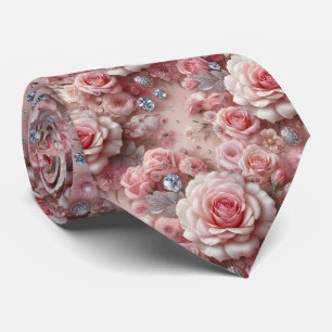 Luxury Wedding Neck Tie   Pink Roses & Diamonds