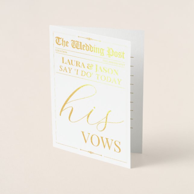 Luxury Wedding Newspaper Vows, His Wedding Vows Foil Card (Front)