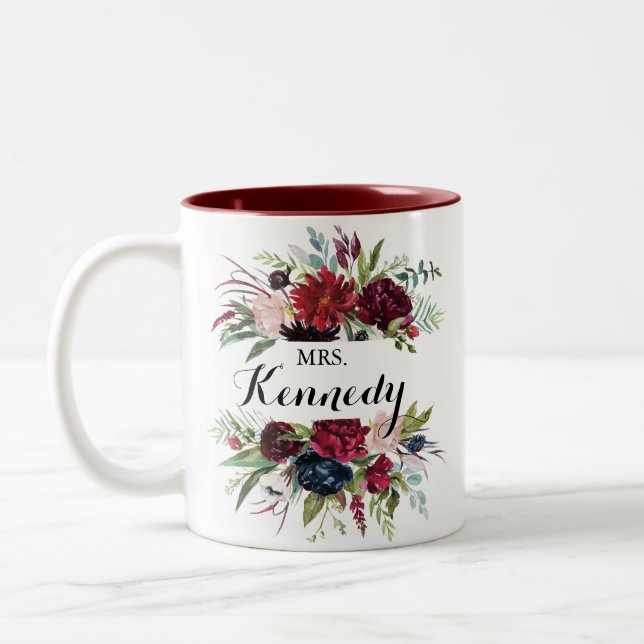 Luxury Whimsical Boho Floral Mrs Newlywed Bride  Two-Tone Coffee Mug (Left)