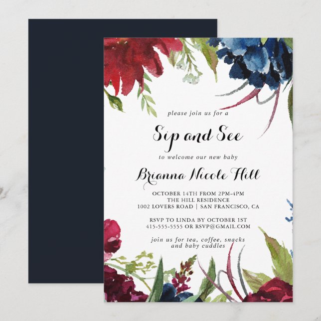 Luxury Whimsical Boho Floral Sip and See  Invitation (Front/Back)