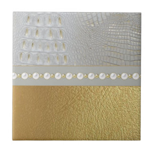 Luxury White and Gold Alligator Hide Pearls  Tile