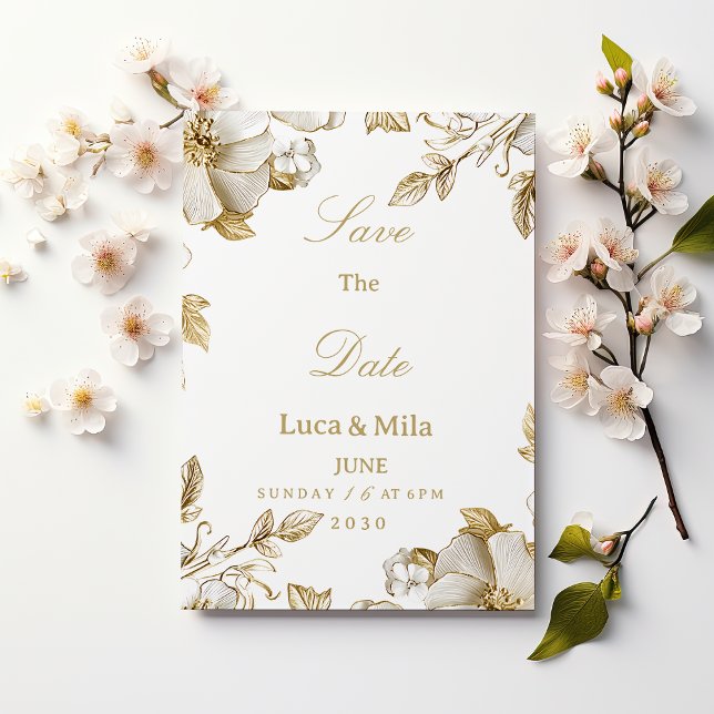 Luxury white and gold floral Save the Date Invitation (Luxury white and gold floral Save the Date)