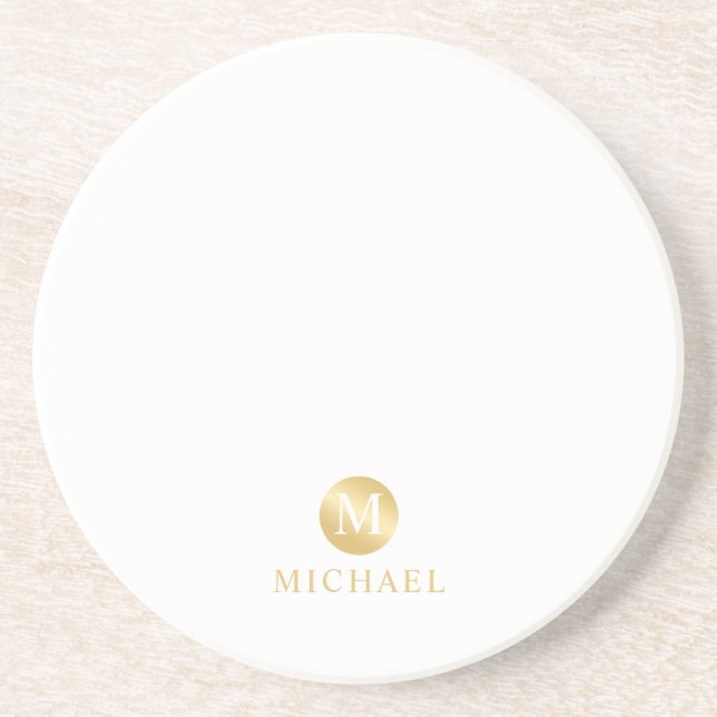 Luxury White and Gold Personalized Monogram Coaster (Front)