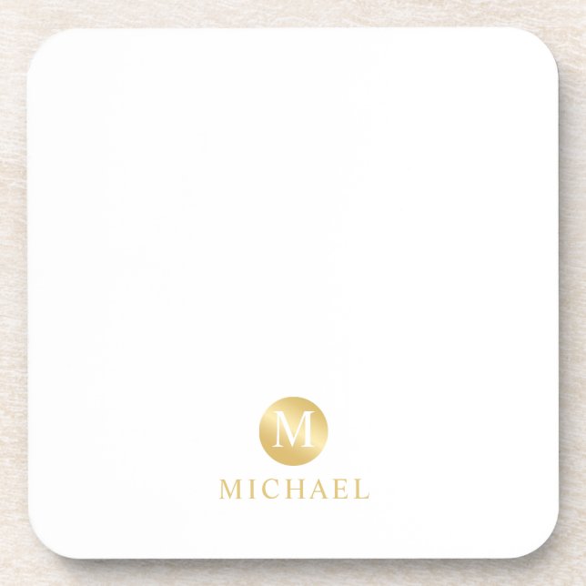 Luxury White and Gold Personalized Monogram Coaster (Front)