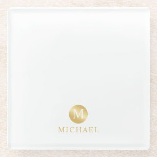 Luxury White and Gold Personalized Monogram Glass Coaster