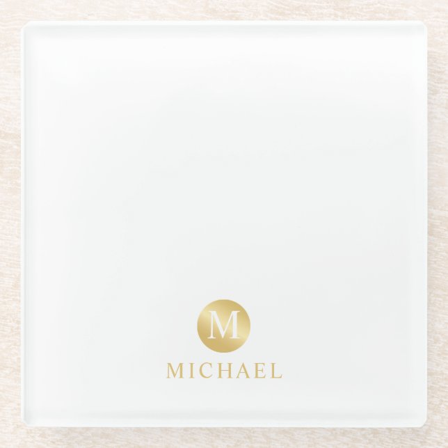 Luxury White and Gold Personalized Monogram Glass Coaster (Front)