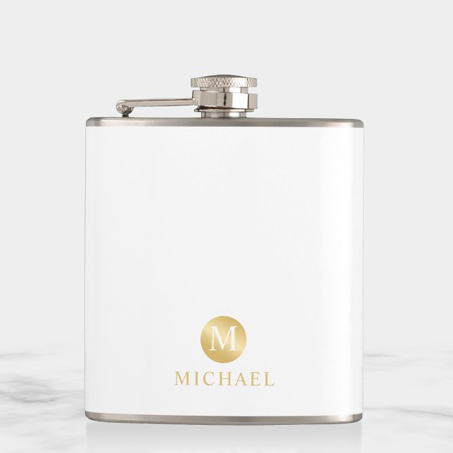 Luxury White and Gold Personalized Monogram Hip Flask (Creator Uploaded)