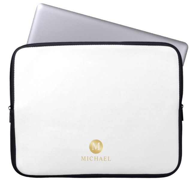 Luxury White and Gold Personalized Monogram Laptop Sleeve (Front)