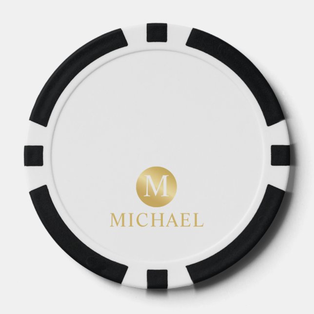 Luxury White and Gold Personalized Monogram Poker Chips (Front)