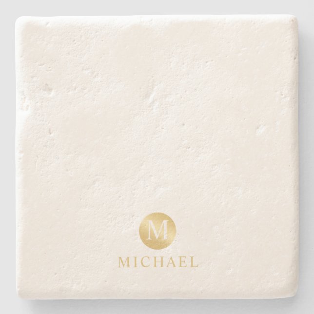 Luxury White and Gold Personalized Monogram Stone Coaster (Front)