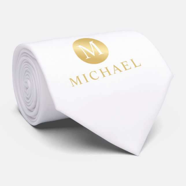 Luxury White and Gold Personalized Monogram Tie (Rolled)