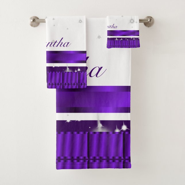 Luxury White And Purple Script Name Bath Towel Set (Insitu)
