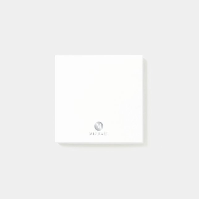 Luxury White and Silver Personalized Monogram Post-it Notes (Front)