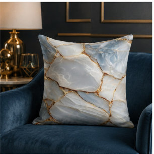 Luxury White Blue Marble & Gold Veins Agate Stone Throw Pillow
