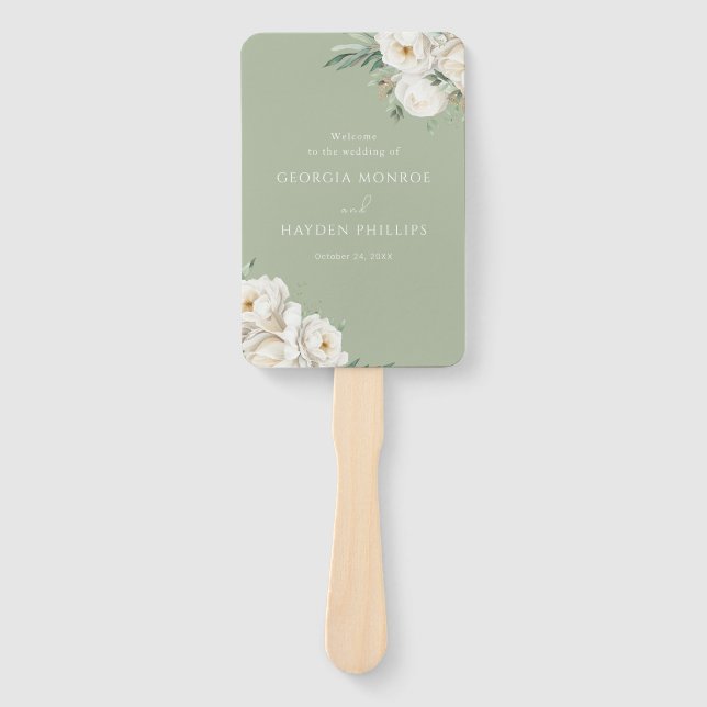 Luxury White Floral Premium Sage Wedding Program Hand Fan (Front)