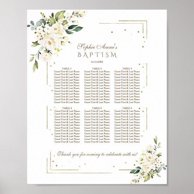 Luxury White Flowers Gold Baptism Seating Chart (Front)