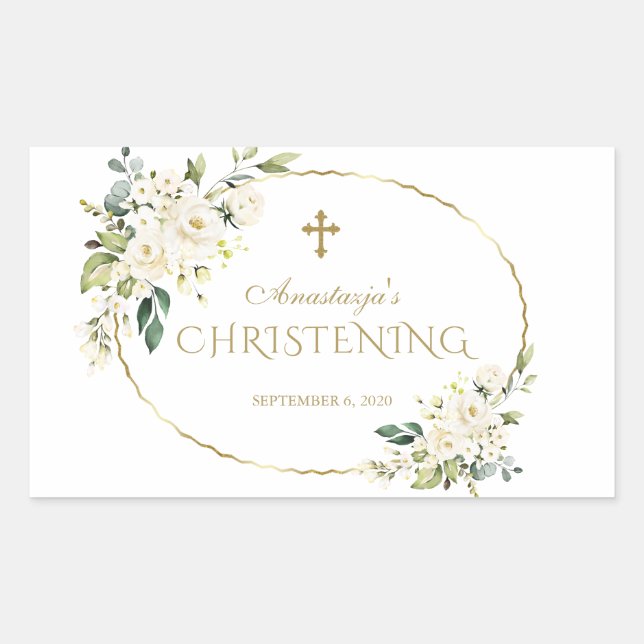 Luxury White Flowers Gold Christening Sticker (Front)
