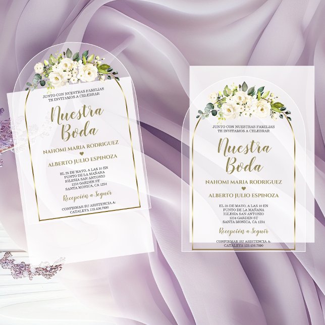 Luxury White Flowers Gold Spanish Nuestra Boda  Acrylic Invitations (Creator Uploaded)