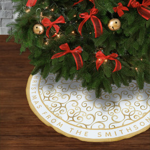 LUXURY WHITE & GOLD CHRISTMAS DAMASK PERSONALIZED BRUSHED POLYESTER TREE SKIRT