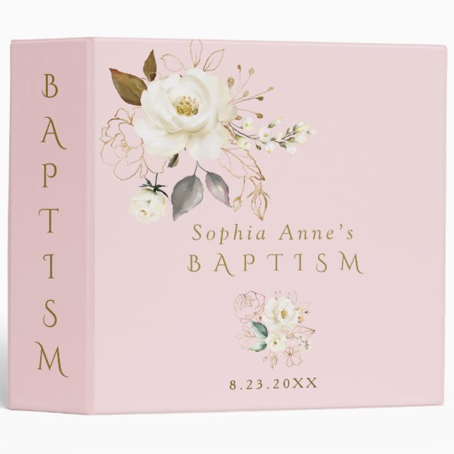 Luxury White Gold Floral Baptism Photo Album Binder (Front/Spine)
