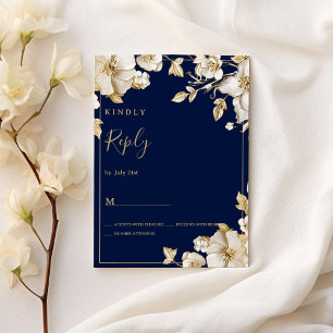 Luxury white gold floral navy blue RSVP Invitation
