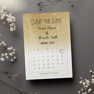 Luxury White Gold Glitter Calendar Save the Date Announcement Postcard