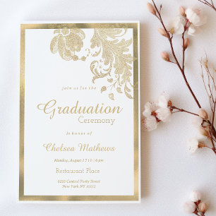 Luxury white gold glitter flowers glam Graduation Invitation