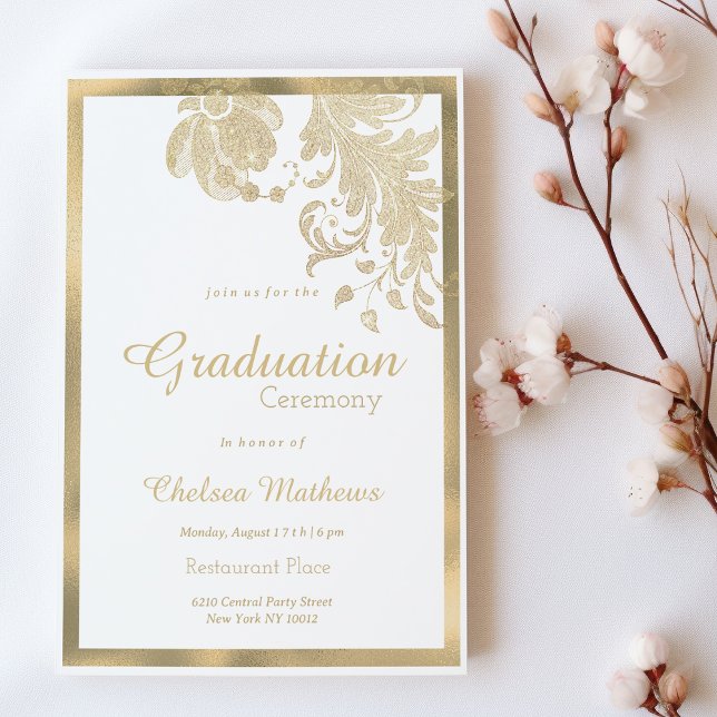 Luxury white gold glitter flowers glam Graduation Invitation (Luxury white gold glitter flowers glam Graduation )