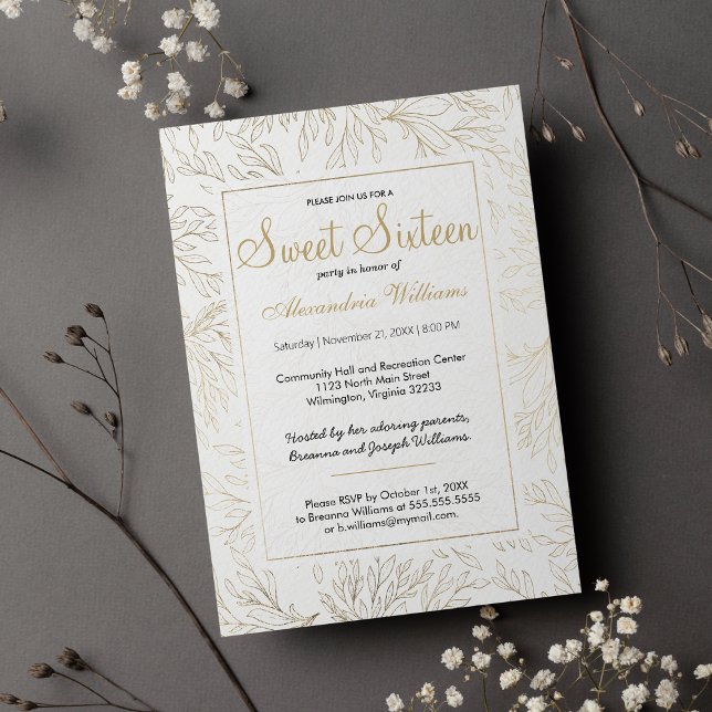 Luxury white gold glitter foliage floral Sweet 16  Invitation (Luxury white gold glitter foliage floral Sweet 16 )