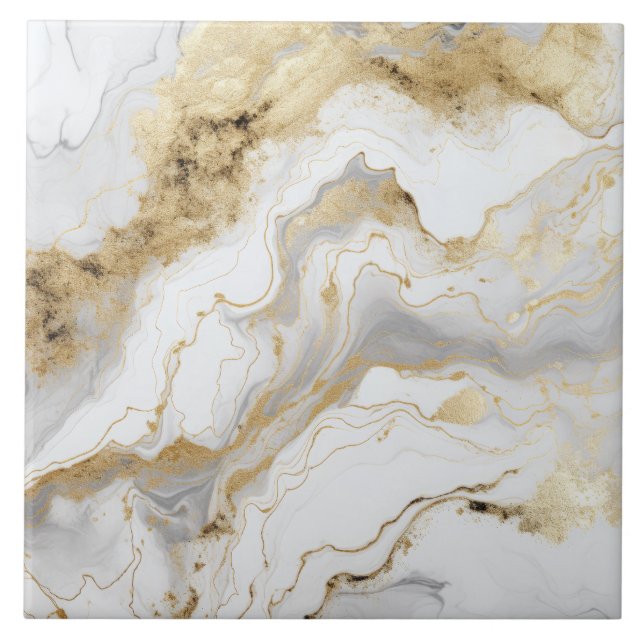 Luxury White Gold Marble And Alcohol Ink Abstract Tile (Front)