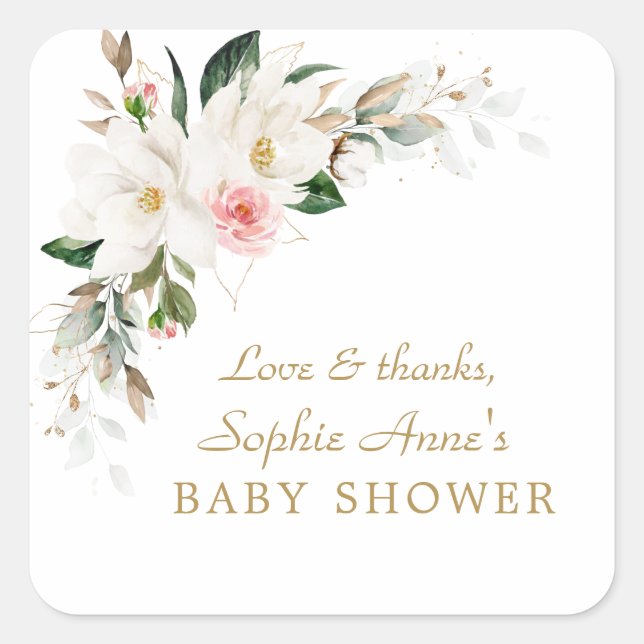 Luxury White Magnolia Pink Floral Baby Shower    Square Sticker (Front)