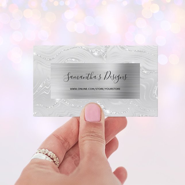 Luxury White Marble Agate Glam Silver Foil Business Card (Luxury White Marble Agate Glam Silver Foil Business Card)
