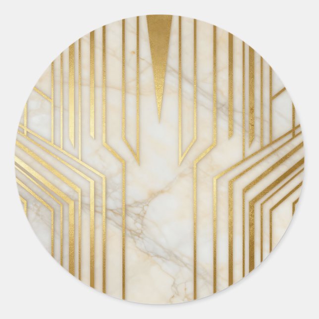 Luxury White Marble Gold Geometric Pattern Classic Round Sticker (Front)