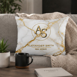 Luxury White Marble Gold Monogram Real Estate Accent Pillow