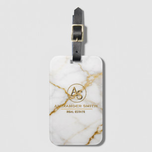 Luxury White Marble Gold Monogram Real Estate Luggage Tag