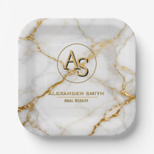 Luxury White Marble Gold Monogram Real Estate Paper Plate