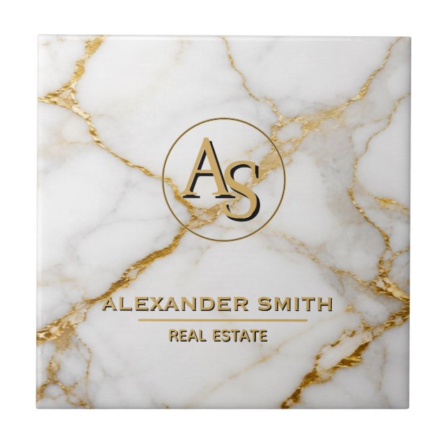 Luxury White Marble Gold Monogram Real Estate  Tile (Front)