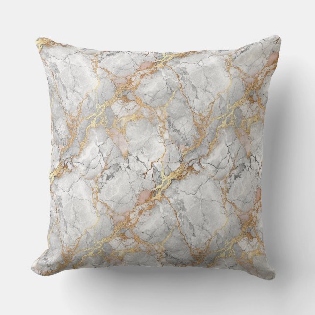 Luxury White Marble Stone & Gold Vein Pattern Throw Pillow (Front)
