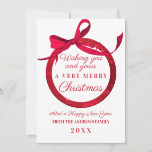 Luxury White Red Glitter Bow Ornament Christmas Holiday Card