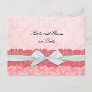 Luxury White Ribbon Pink Damask Save date card