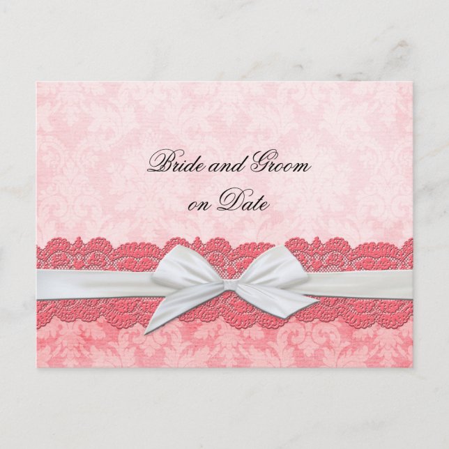 Luxury White Ribbon Pink Damask Save date card (Front)