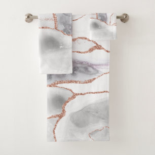 Luxury White Rose Gold Agate Geode Glitter Bath Towel Set