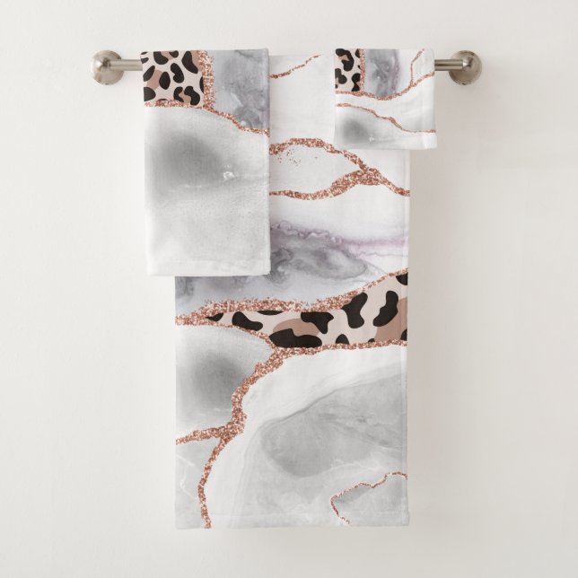 Luxury White Rose Gold Agate Leopard Print Bath Towel Set (Insitu)