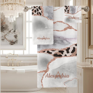 Luxury White Rose Gold Agate Leopard Print Bath Towel Set