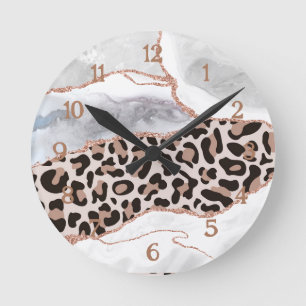 Luxury White Rose Gold Glitter Agate Leopard Print Round Clock
