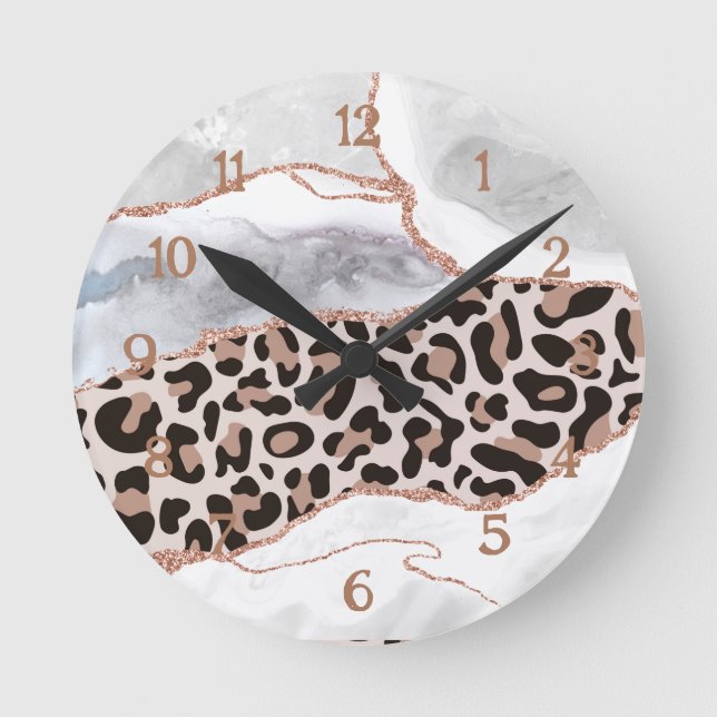 Luxury White Rose Gold Glitter Agate Leopard Print Round Clock (Front)
