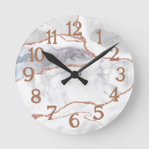 Luxury White Rose Gold Glitter Agate Marble Round Clock