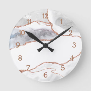 Luxury White Rose Gold Glitter Agate  Round Clock