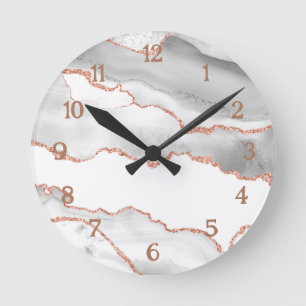 Luxury White Rose Gold Glitter Agate  Round Clock